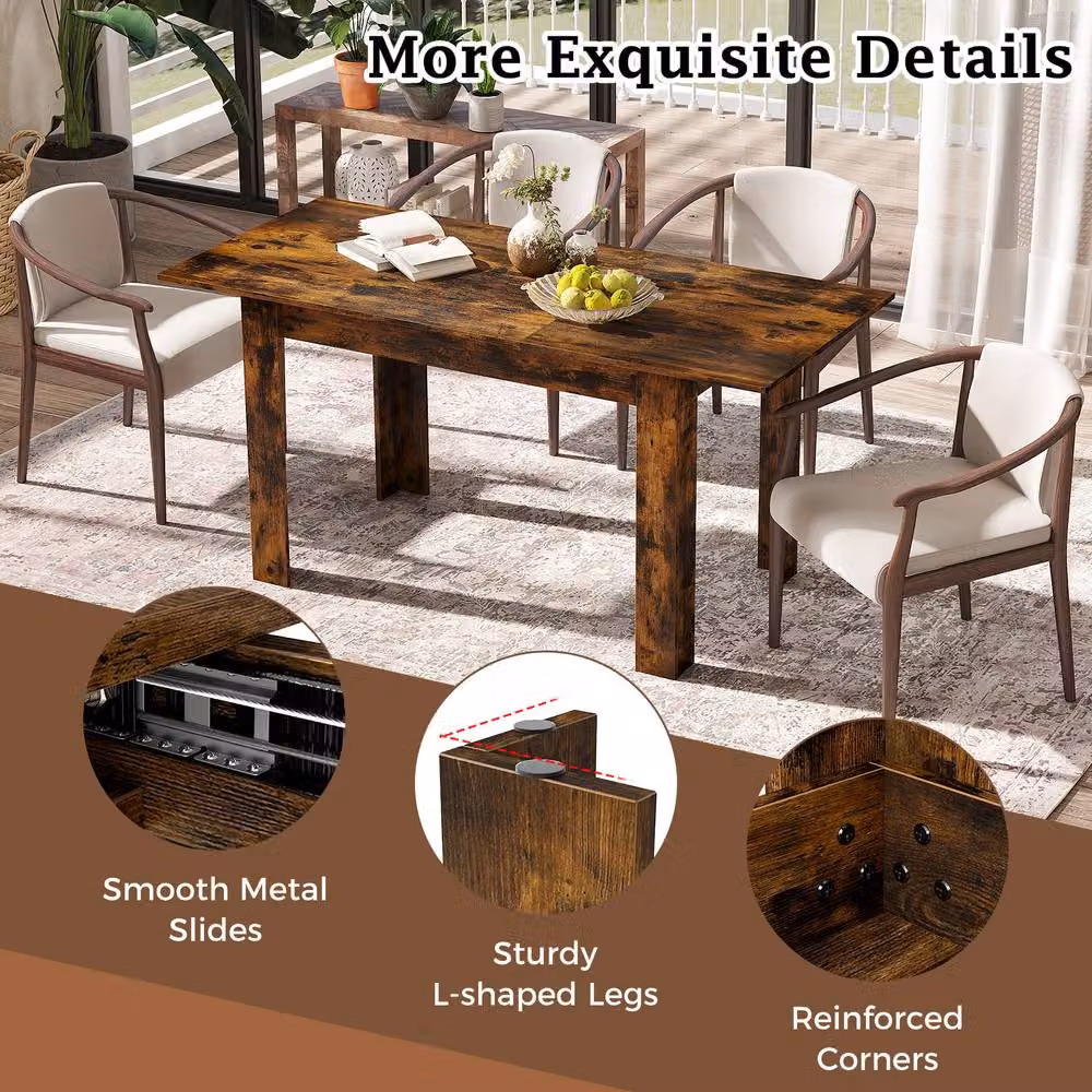 Costway Extendable Modern Rectangular Dining Table with L-shaped Legs in Rustic Brown, W/D/H: 158 x 70 x 76 cm – 4