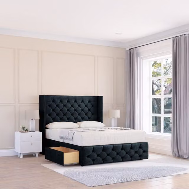 Sloomy Luthor Naples Black Velvet Wingback Bed Set with Floor Standing Headboard, Small Single