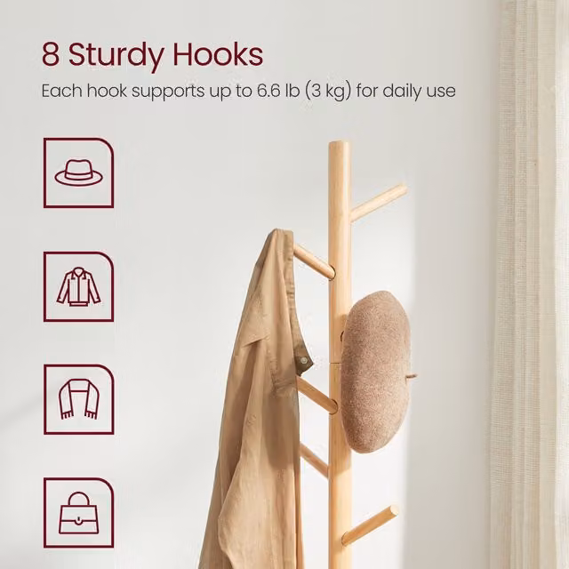 VASAGLE Scandinavian Solid Wood Tripod Coat Rack with 8 Hooks in Yellow