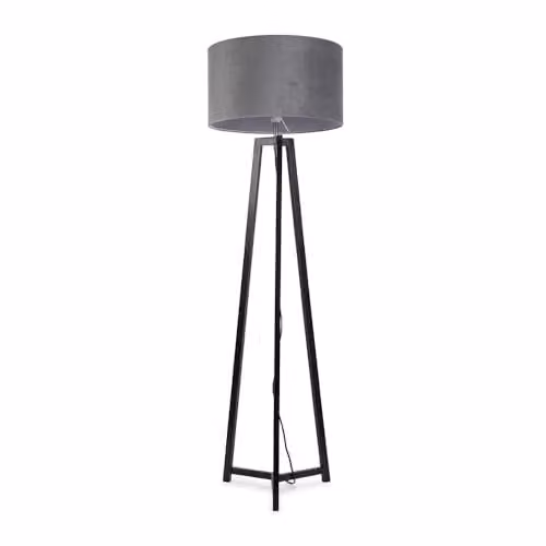 ValueLights Black Wood Tripod Floor Lamp with Grey Velvet Drum Lampshade and Included LED Bulb
