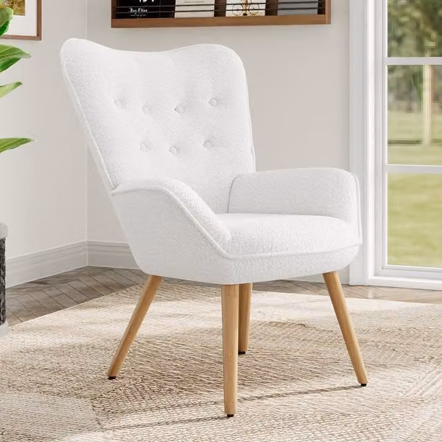 Livingandhome White Bouclé Tub Lounge Chair with Armrests and Wooden Legs