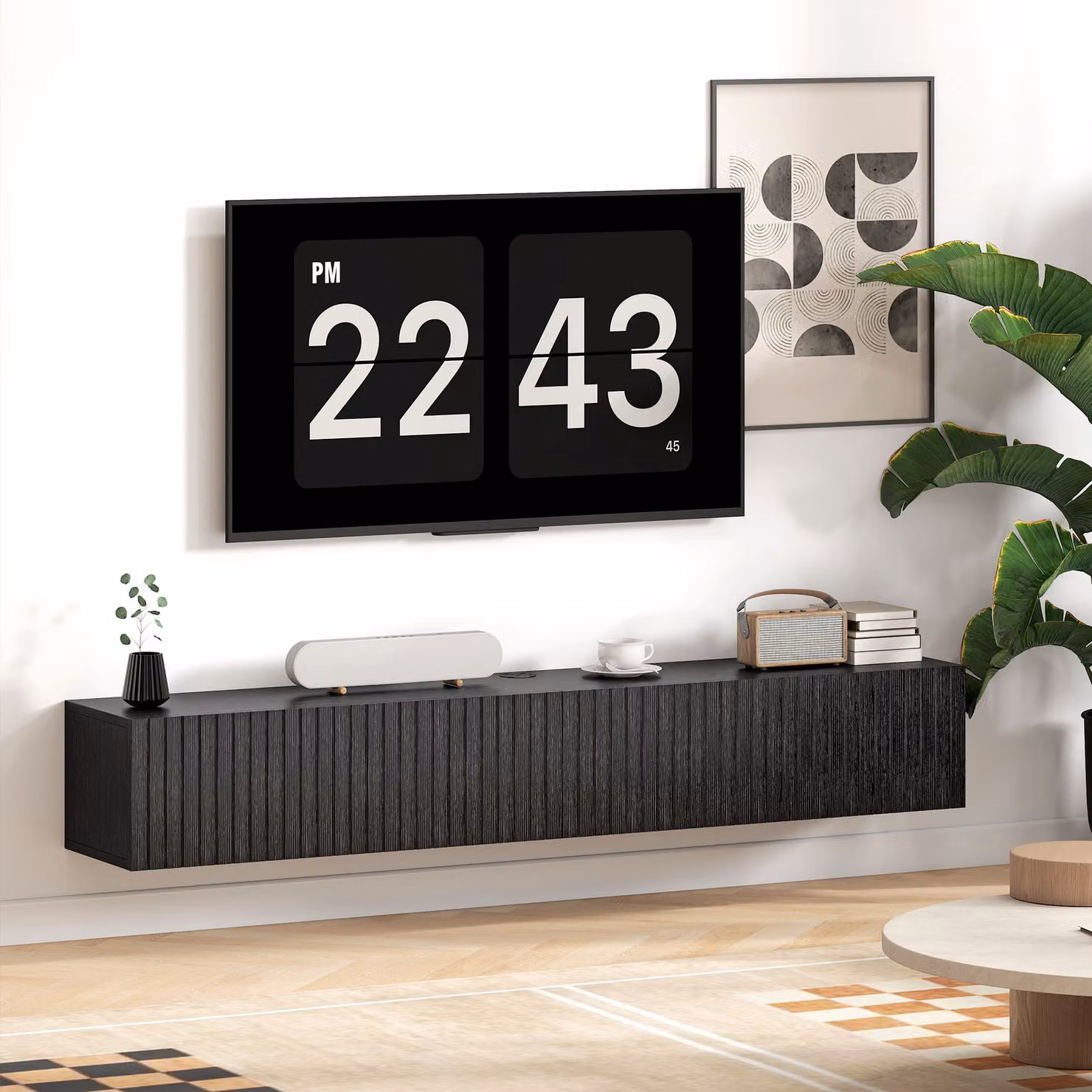 HOMCOM Modern Black Matt Floating TV Stand, Wall Mount TV Unit with Cable Management, Fits up to 72 inch TVs, Width: 140 cm – 6