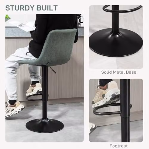 HOMCOM Set of 2 Adjustable Swivel Bar Stools in Green with Synthetic Leather and Metal Frame – 4