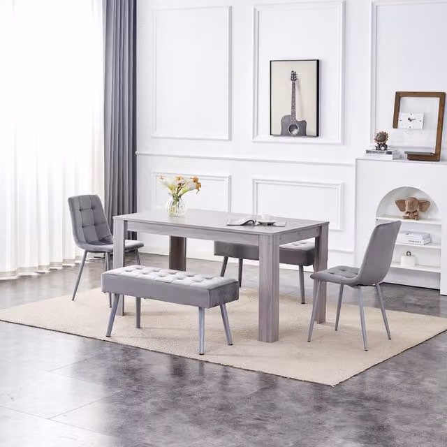 Kosy Koala Arrow Grey Dining Set with Rectangular Table, 2 Velvet Chairs and 2 Benches