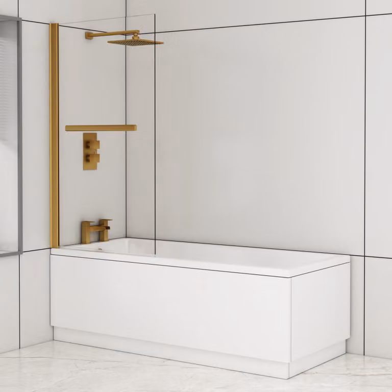 Royal Bathrooms Cesar Square Single Ended Acrylic Shower Bath in White with Brushed Brass Wall Profile Screen and Rail, W/D/H: 160 x 70 x 44 cm