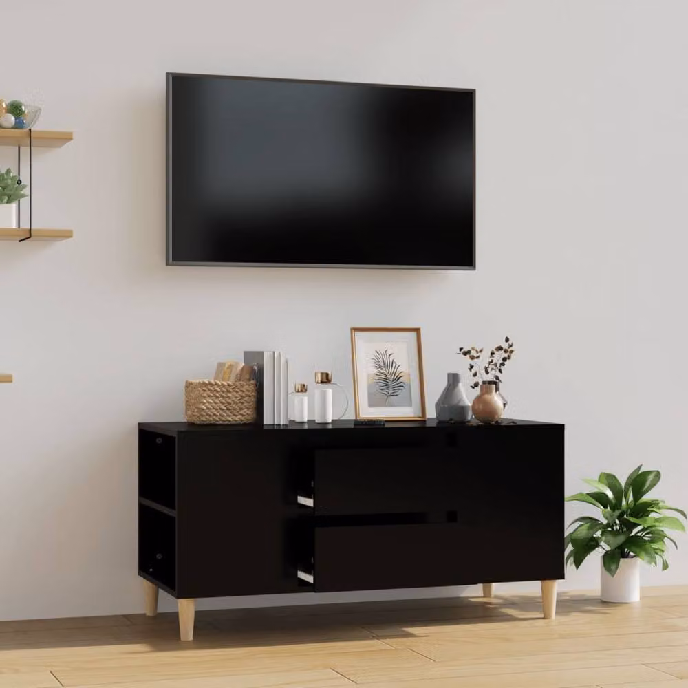 Berkfield Home Black Scandinavian TV Cabinet in Matt MDF, W: 102 cm, D: 44.5 cm, H: 50 cm – 2