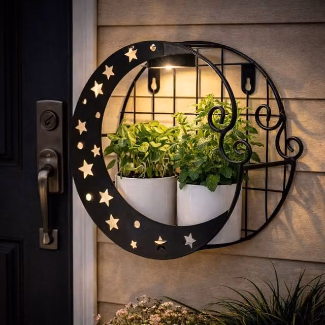 Gardenwize Solar Moon Wall Planter with Warm White LED Light, Black Metal Moon Shaped Outdoor Hanging Flower Pot for Garden and Balcony, W/D/H: 25 x 25 x 12 cm – 1