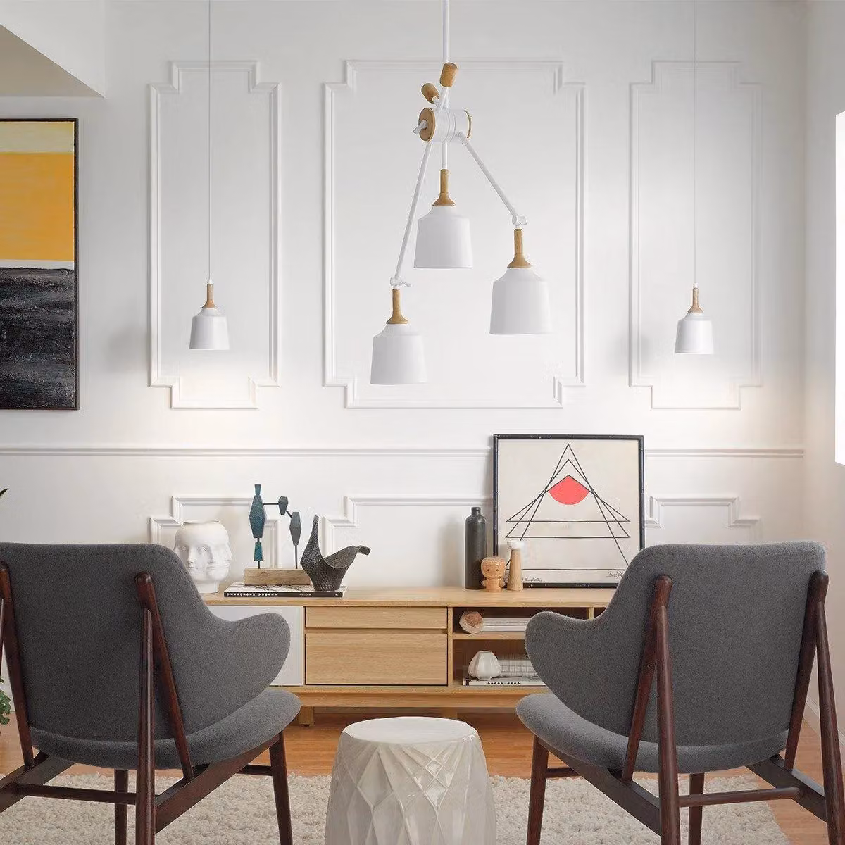 Netlighting Danika 3 Light Adjustable Bar Pendant Ceiling Chandelier in White and Wood with E27 Fitting – 2
