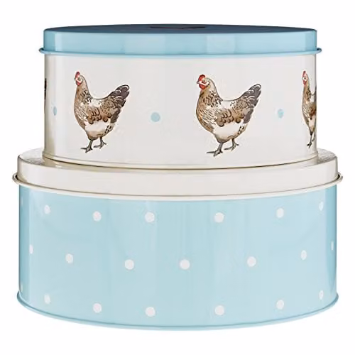 Premier Housewares Mrs Henderson Cake Tins, Green, Blue and White, W/D/H: 23 x 23 x 10 cm
