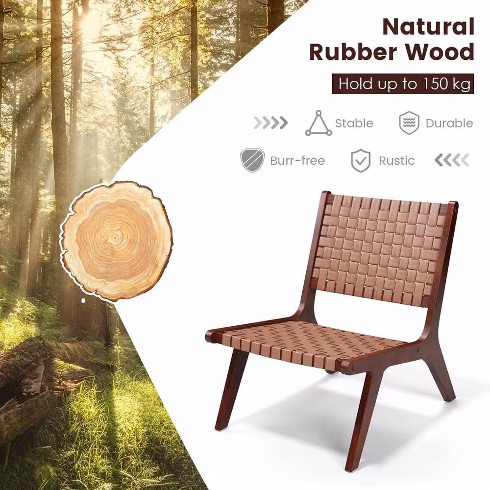 SPETLEK Set of 2 Modern Woven Brown PU Leather Accent Lounge Chairs with Solid Rubberwood Frame – 6