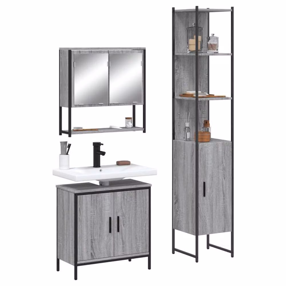 Berkfield Home 3 Piece Grey Bathroom Furniture Set with Mirror Cabinet and Vanity Unit – 1