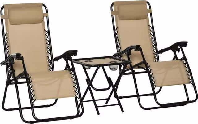 Outsunny 3-Piece Folding Zero Gravity Sun Lounger and Table Set with Cup Holders, Beige – 1