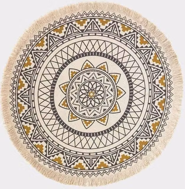 Homescapes Black and Gold Cotton Mandala Printed Round Rug with Fringes, Diameter: 130 cm – 1