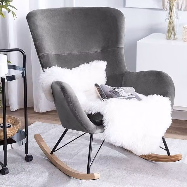 Wyld and Coco Dark Grey Velvet Rocking Chair with Metal Frame and Rubberwood Rockers – 1
