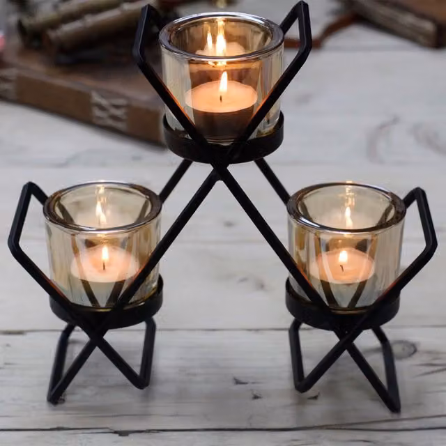 KDMK Centrepiece Iron Votive Candle Holder, Black, 3 Cup Triangle Design