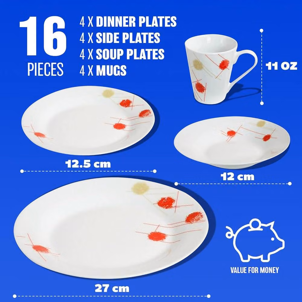 BARGAINS-GALORE 16 Piece Porcelain Dinner Set in Red, White and Multicolour Patterns – 3