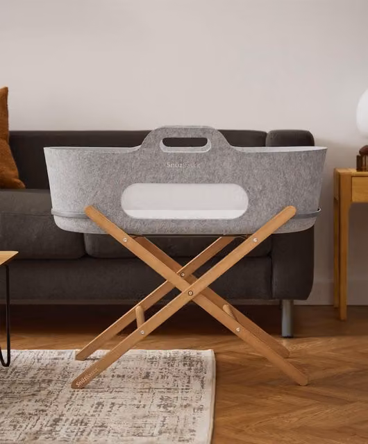 SnuzBaskit Moses Basket and Stand in Light Grey and Natural Wood