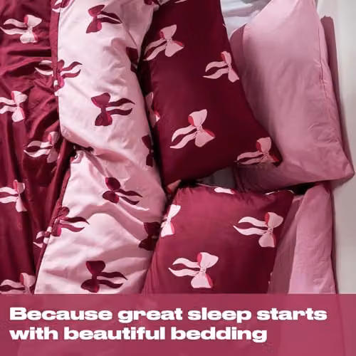 OHS Reversible Bow Printed Microfibre Single Duvet Cover and Pillowcase Set in Pink and Red, Duvet Cover: 135 x 200 cm, Pillowcase: 48 x 74 cm