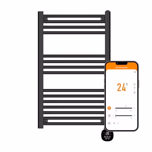 TCP Smart Black Ladder Style Towel Rail Radiator with WiFi and App Control, W/H: 85 x 50 cm