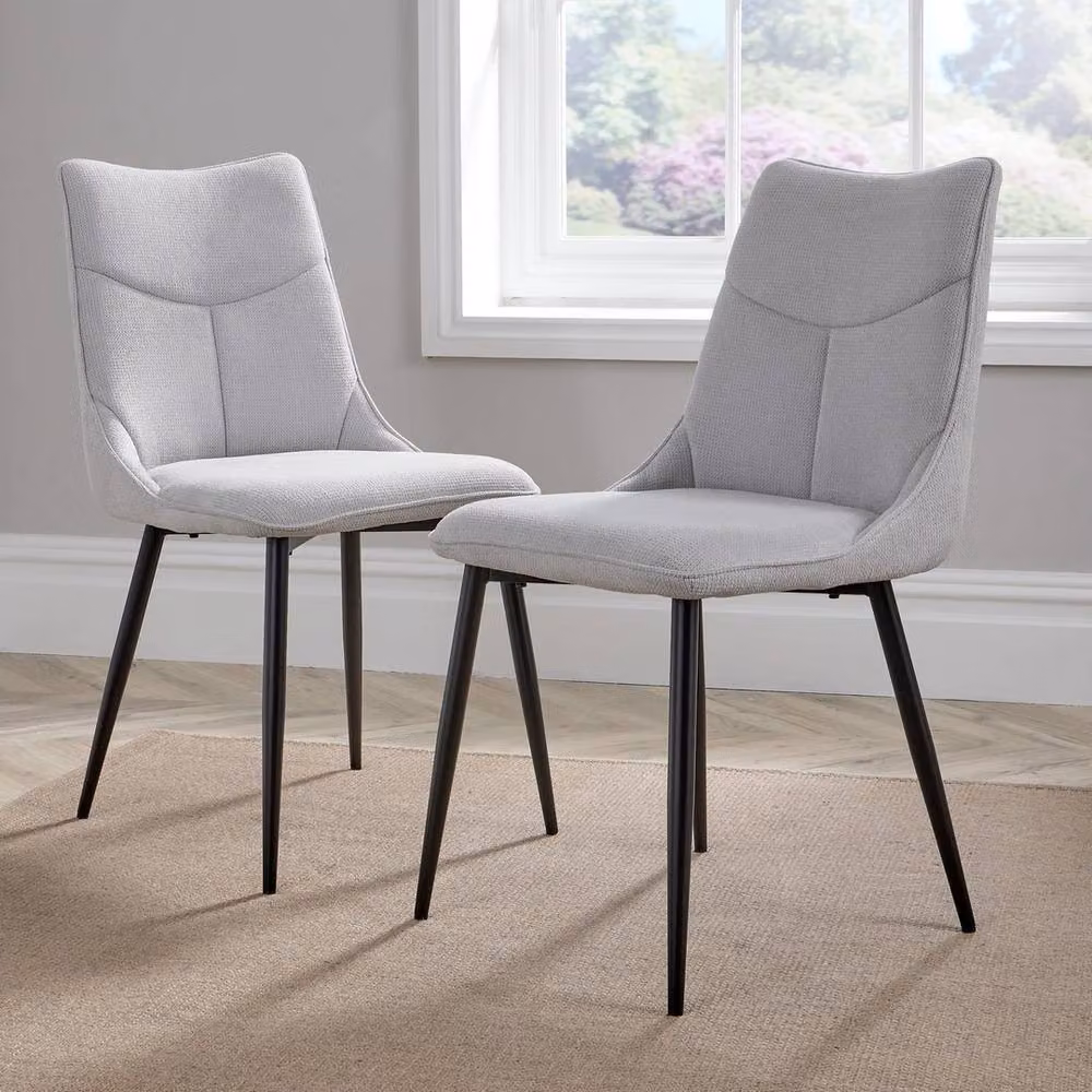 FORGEVIO Set of 2 Grey Fabric Kitchen Dining Chairs with Black Metal Legs and Curved Industrial Design – 2