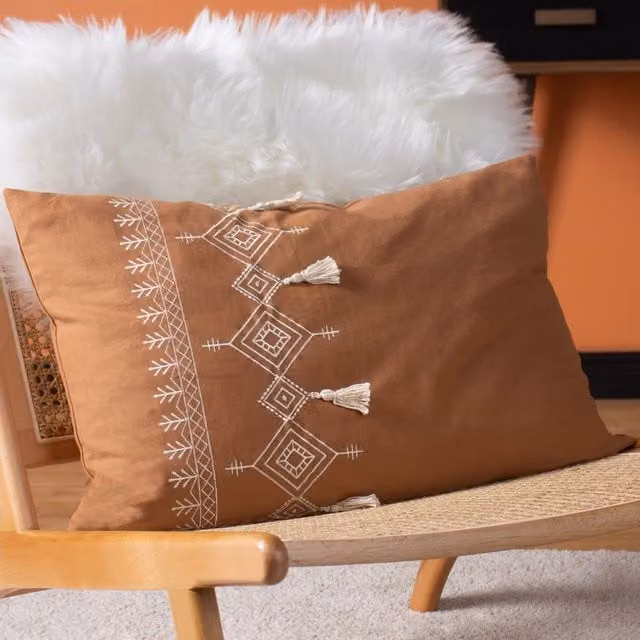 Riva Home Pritta Bohemian Geometric Embroidered Cotton Tassel Trim Cushion, Brown, W: 60 cm, H: 40 cm, D: 40 cm