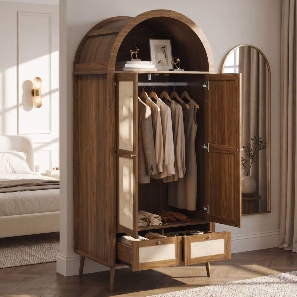 Merax Arched Double Door Wardrobe with 2 Rattan Effect Drawers in Walnut, W/D/H: 80 x 55 x 180 cm – 4