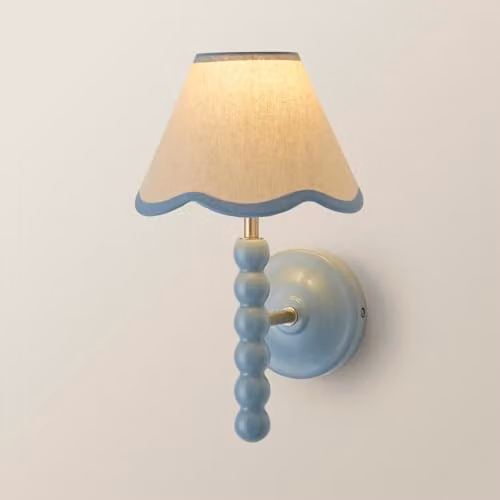 ValueLights Bobbins Powder Blue Bobble Wall Light with Fabric Shade and Wood Details