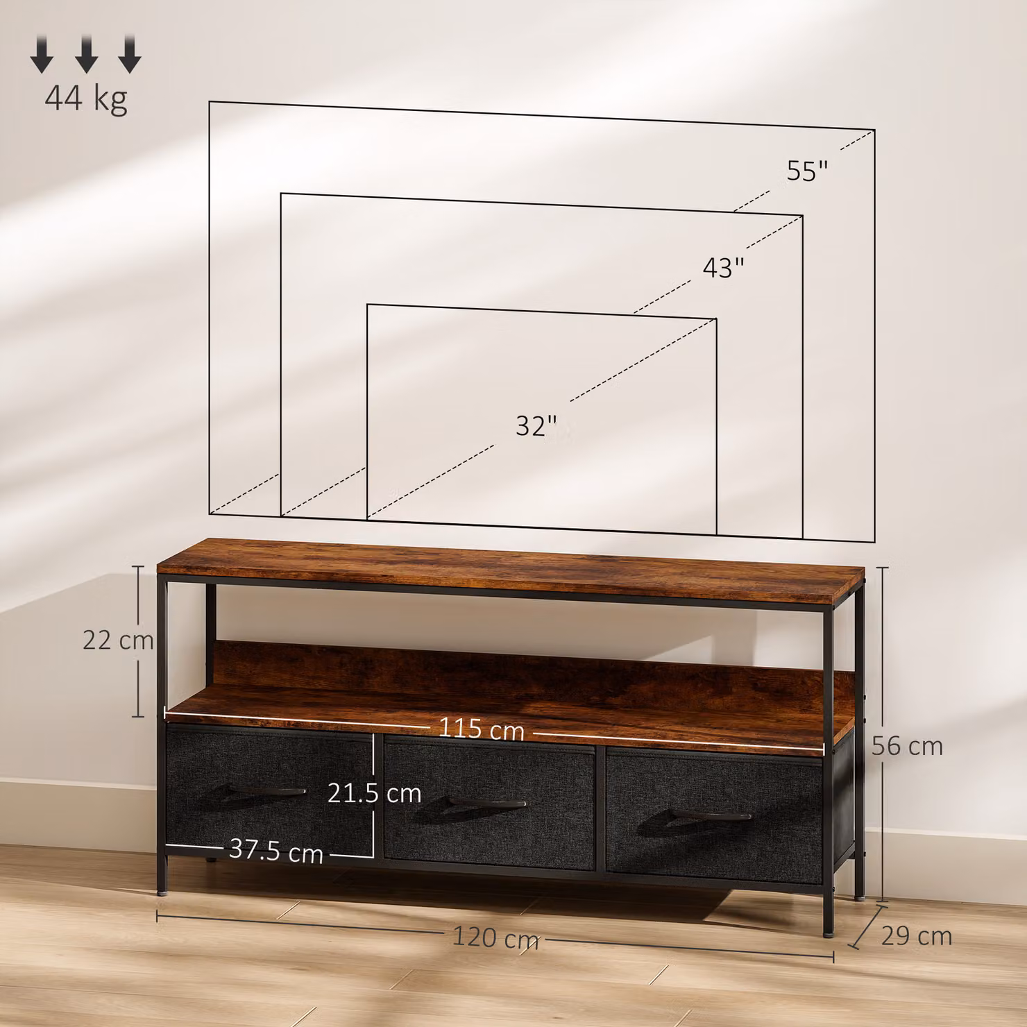 HOMCOM TV Stand Cabinet with 3 Foldable Drawers in Rustic Brown – 3