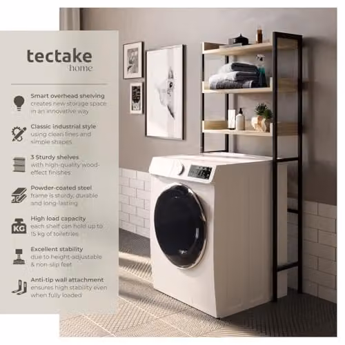 tectake Industrial Style 3-Tier Bathroom Storage Shelf with Adjustable Wooden Shelves and Steel Frame, Light Brown, H x W x D: 165.5 x 67 x 25 cm – 3