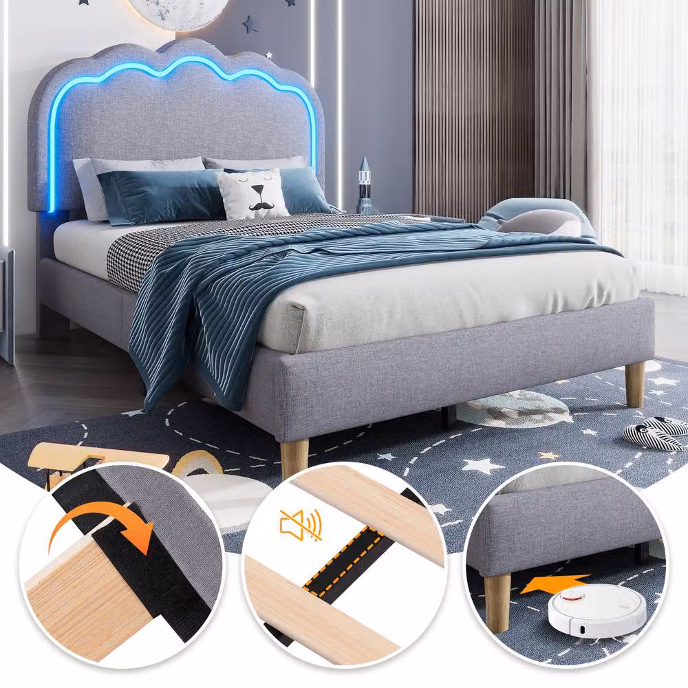 Matteo Grey Linen Upholstered Single Bed Frame with LED Under-Bed Lighting W/D/H: 90 x 190 cm – 5