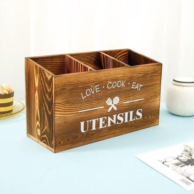 KORVIXA Brown Wooden Kitchen Utensil Storage Pot and Cutlery Holder with Compartments – 1