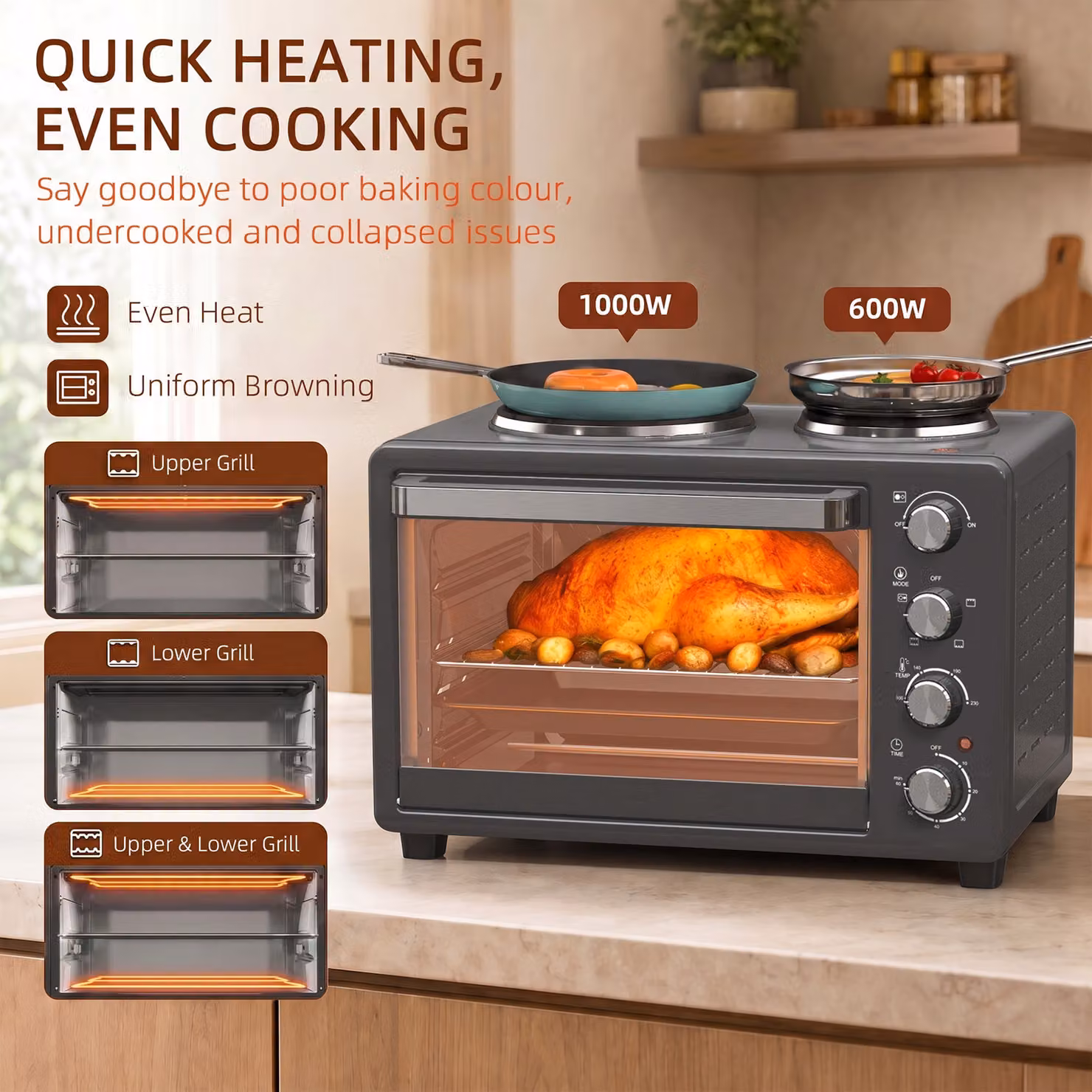 HOMCOM 28L Mini Oven with 2 Hot Plates and Grill, 2600W Countertop Toaster Oven in Black – 6