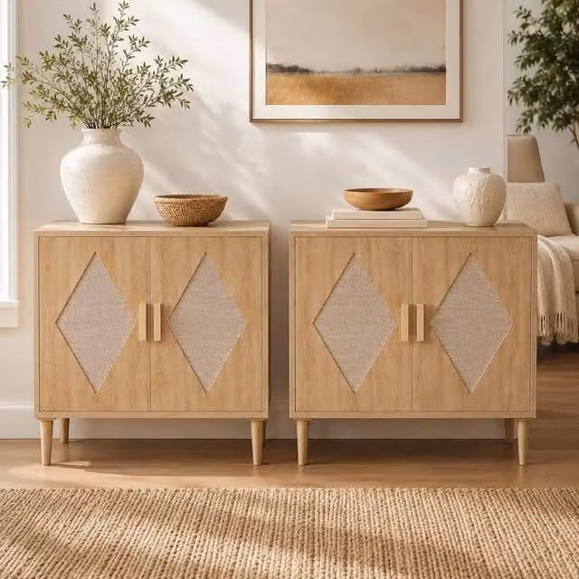 London Boutique Set of 2 Modern Rattan Sideboard Cabinets with Woven Cane Doors in Sand