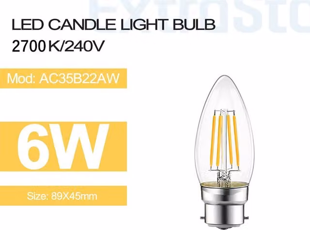 Livingandhome Pack of 3 B22 6W LED Filament Candle Light Bulbs, Warm White, Clear Glass
