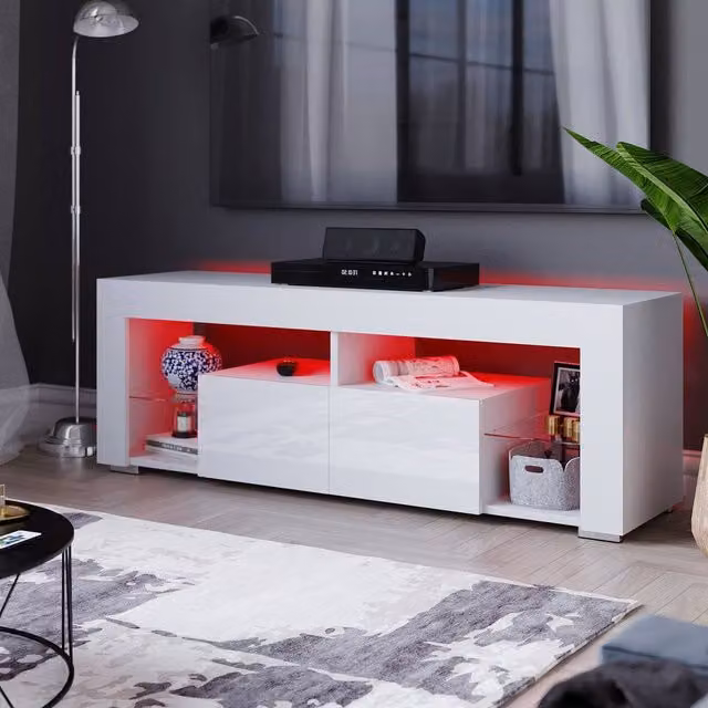 HD Designs Vida Designs Luna Modern 2 Drawer LED TV Unit in White with Integrated Lighting and Glass Details – 1