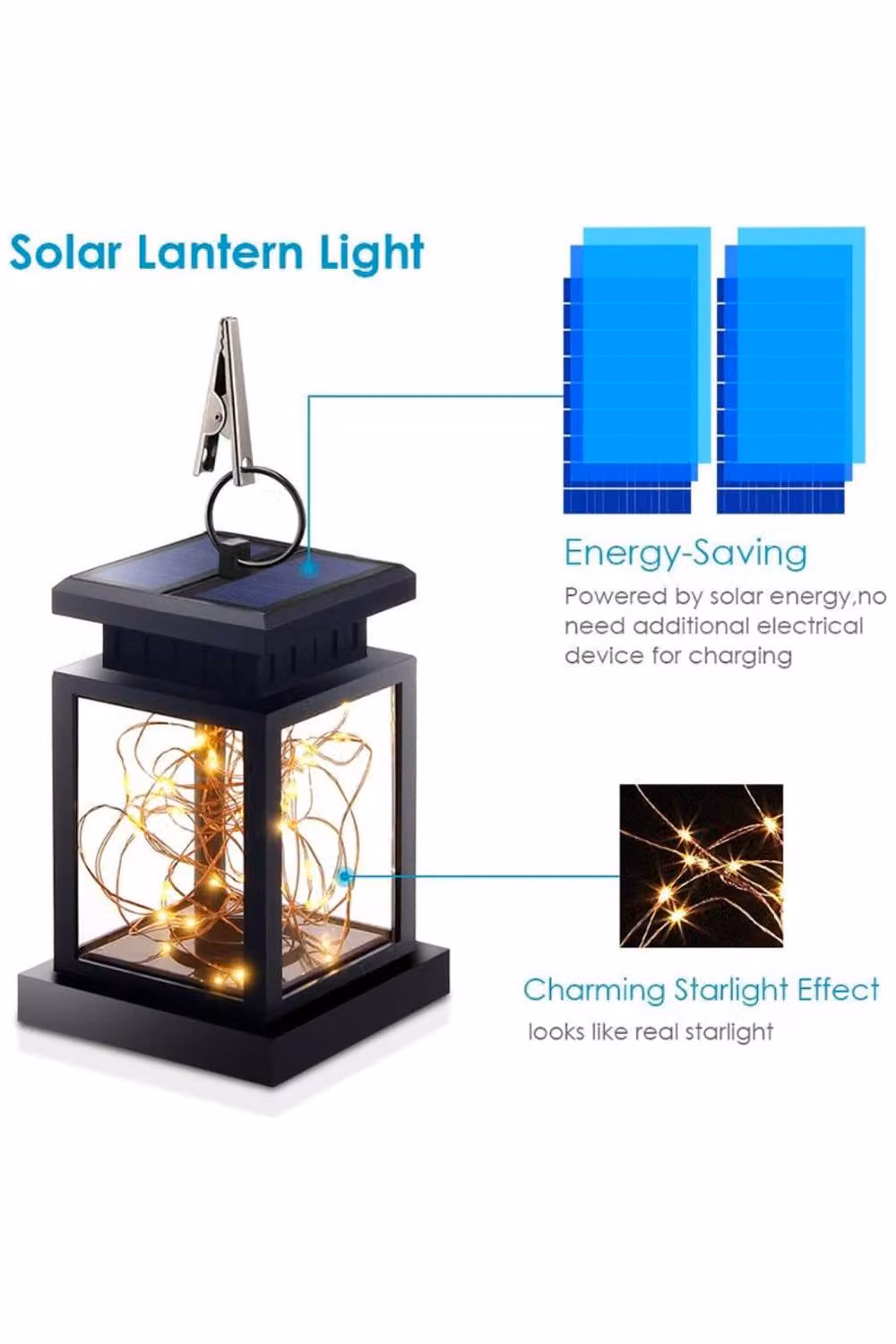 KDMD Solar Peg Clip Lantern Fairy Lights in Black with Warm White LED and Dusk Sensor for Outdoor Garden Decoration – 3