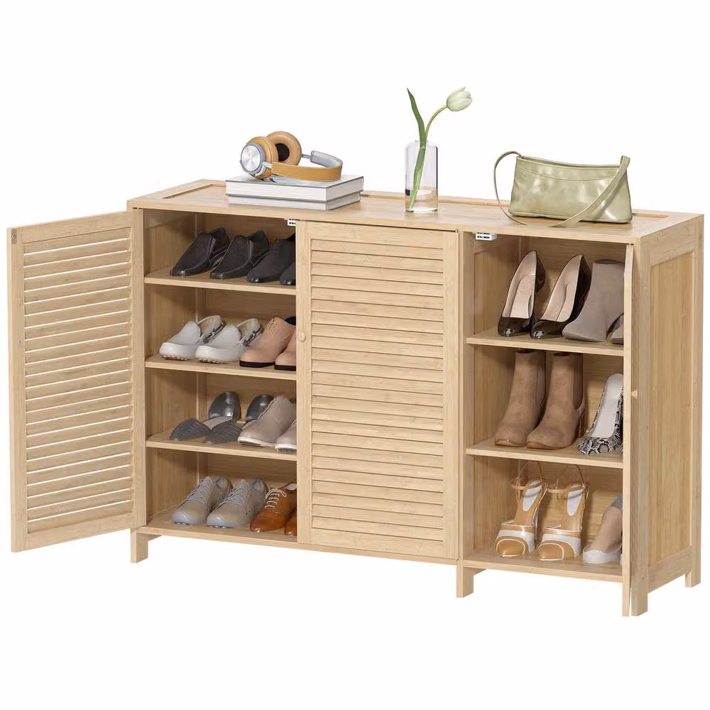 STILVORA Scandinavian Bamboo Shoe Cabinet in Beige with 3 Hinged Doors and Internal Shelves – 2