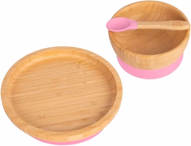 Tiny Dining Childrens Bamboo and Silicone Suction Round Dinner Set in Pink