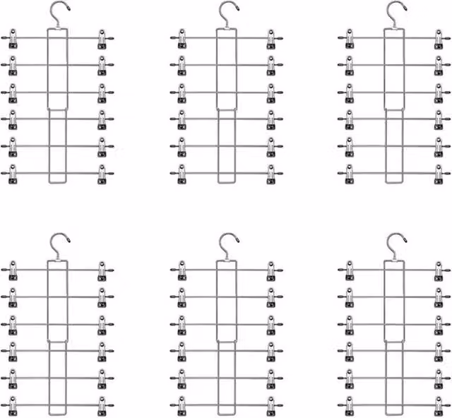 FLAVORA 6 Pack Adjustable Non-Slip Metal Trouser Hangers with Clips and Bar in Silver – 1