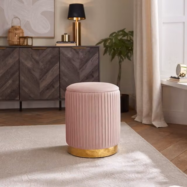 GFW Esme Pleated Velvet Storage Stool in Blush Pink with Gold Metal Frame