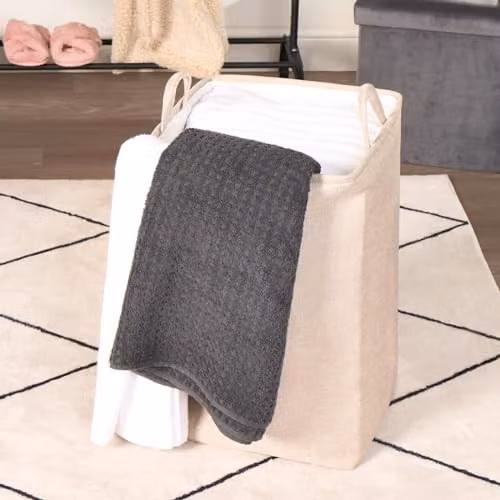 OHS Collapsible Faux Linen Laundry Basket with Handles and Drawstring Closure, Beige – 2