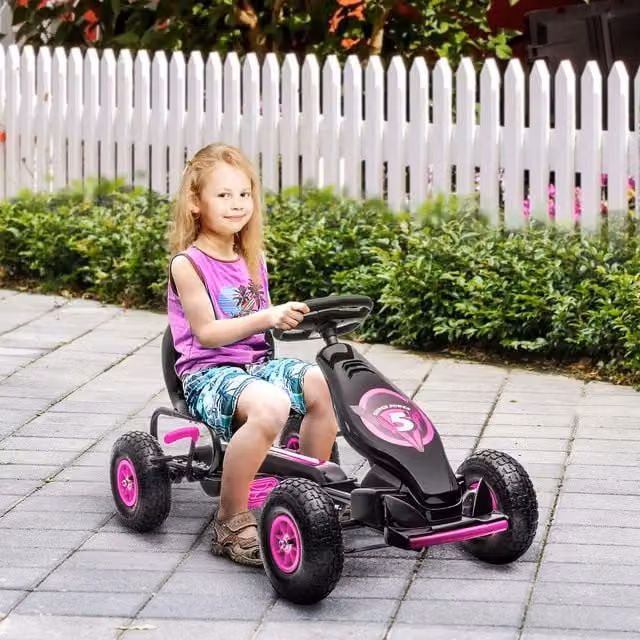 HOMCOM Childrens Pedal Go Kart with Adjustable Seat and Solid Rubber Wheels in Pink