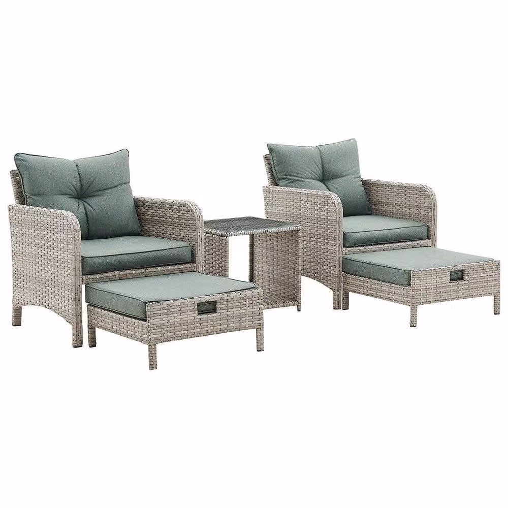 Home Detail Grenada Grey Polyrattan Garden Furniture Set with Green Cushions, Side Table and Hide Away Footstools – 2