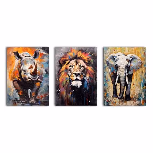 Simpa African Animals 3 Panel Canvas Wall Art, Multicolour, W/H: 60 x 40 cm