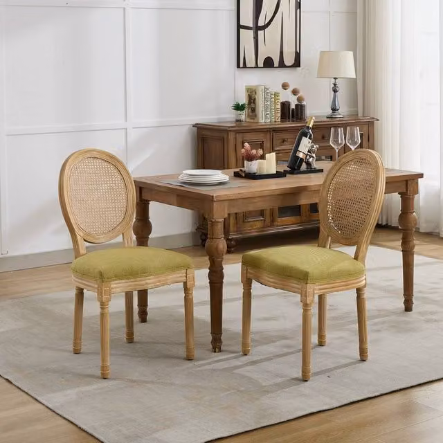 HomeTouch Set of 2 French Style Rattan Back Dining Chairs in Green