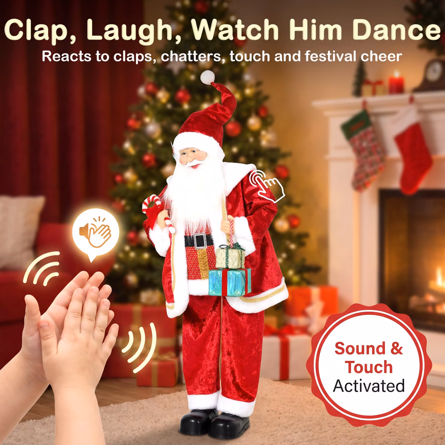 HOMCOM 120cm Life Size Singing and Dancing Animated Santa Claus Decoration in Red with Posable Arms and Sound Touch Activation – 5