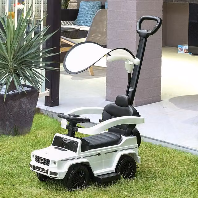 HOMCOM Mercedes Licensed Kids Ride On Push Car with Canopy and Light and Sound Effects, White