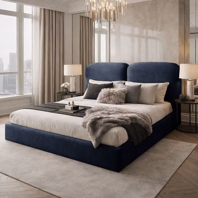 Desire Deco Alessia Modern Upholstered Velvet Bed Frame, Blue, W/D/H: 140 x 200 cm