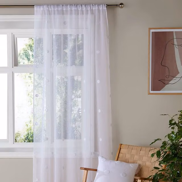 Appletree Polka Dot Dotted Tufted Voile Curtain Panel in White, W: 140 cm, H: 229 cm