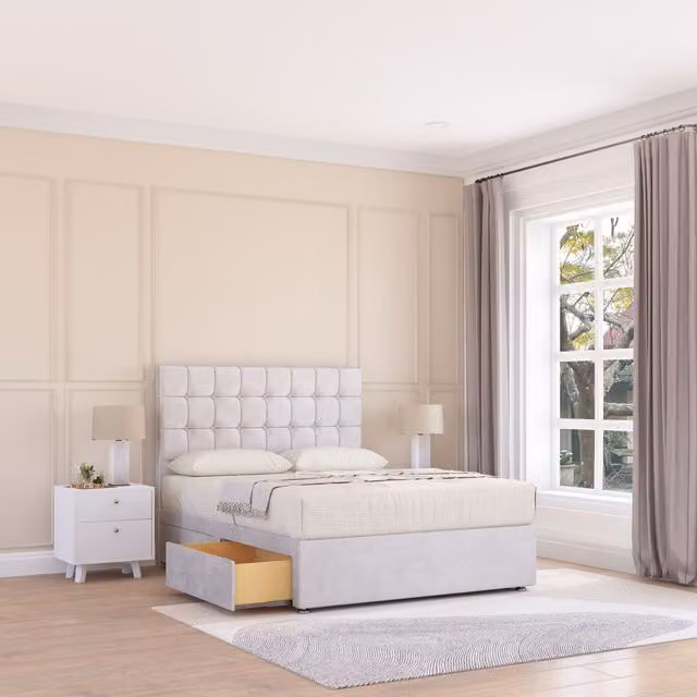 Sloomy Alabama Single Divan Bed Base with 2 Drawers and Floor Standing Headboard in Silver, W/D/H: 90 x 200 cm